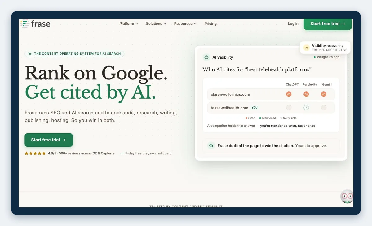 Top 10 des meilleurs outils SEO et GEO en 2026 pour les agences marketing - Inforeole 5 Capture de la page officielle de Frase, relevée en octobre 2026