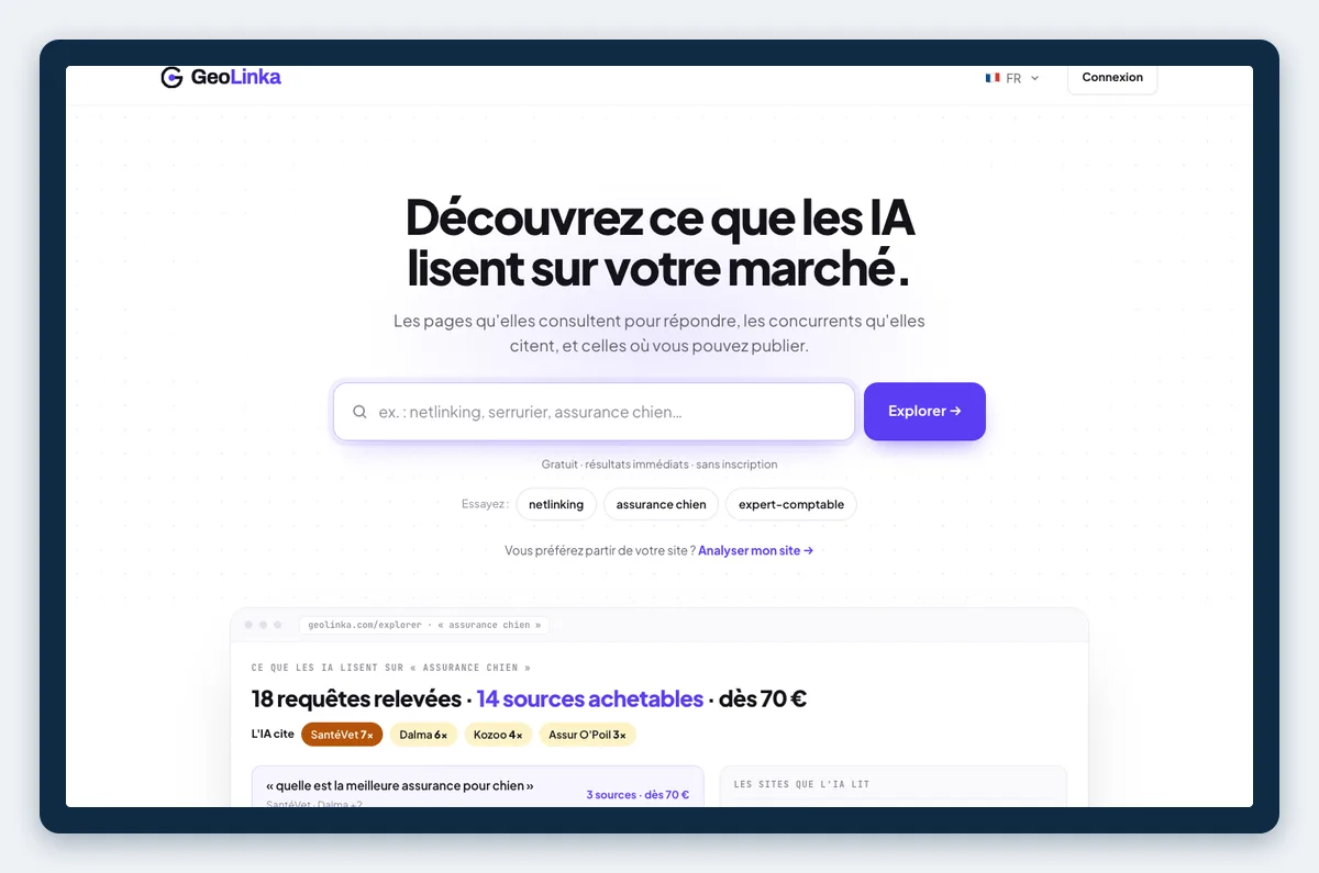 Top 10 des meilleurs outils SEO et GEO en 2026 pour les agences marketing - Inforeole 3 Capture de la page officielle de GeoLinka, relevée en octobre 2026