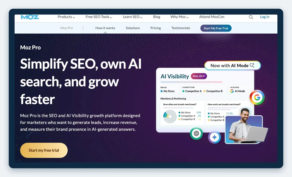 Top 10 des meilleurs outils SEO et GEO en 2026 pour les agences marketing - Inforeole 4 Capture de la page officielle de Moz Pro, relevée en octobre 2026