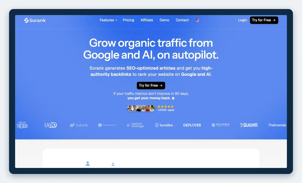 Top 10 des meilleurs outils SEO et GEO en 2026 pour les agences marketing - Inforeole 1 Capture de la page officielle de Sorank, relevée en octobre 2026
