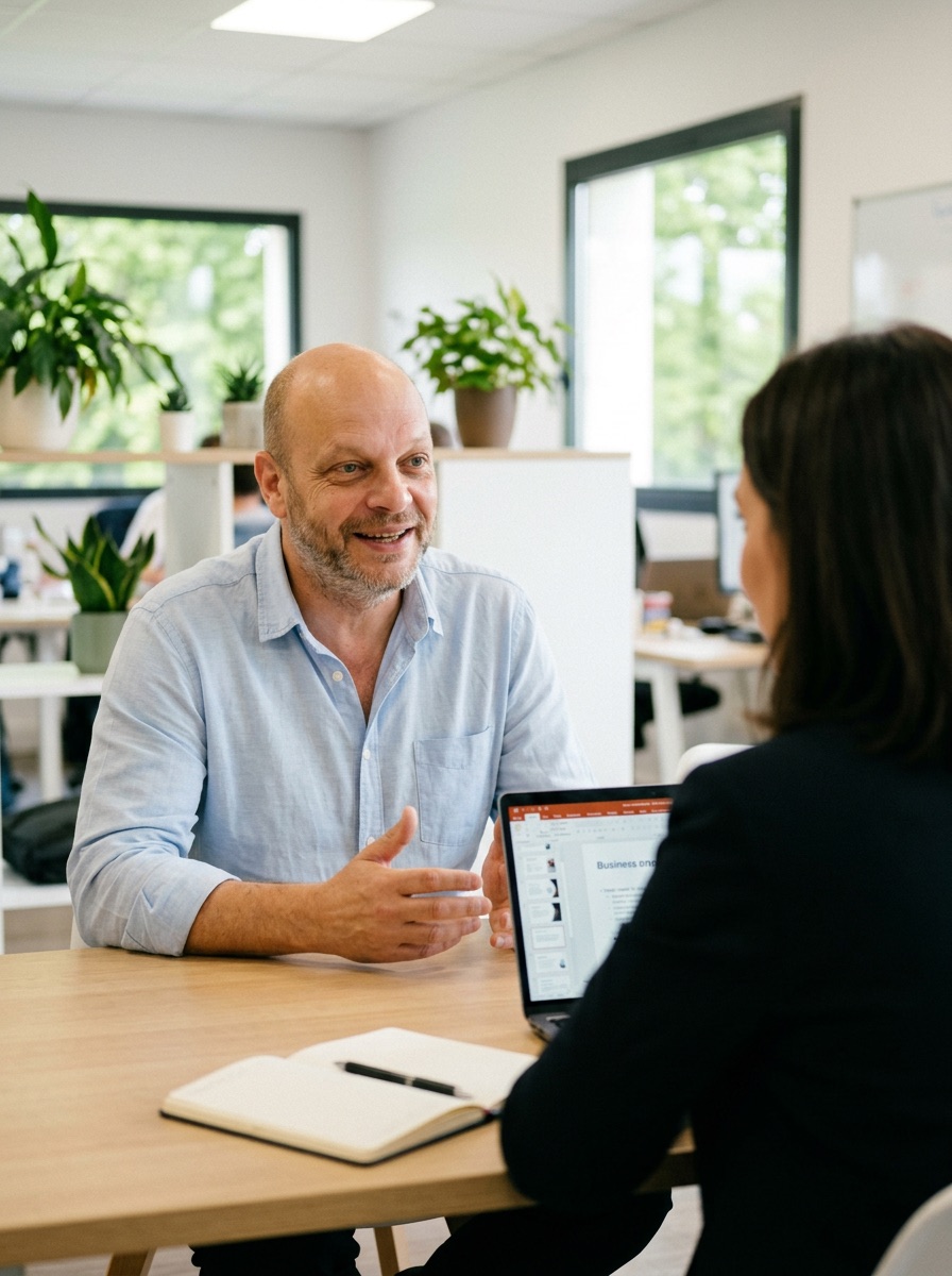 Agence d'automatisation IA pour PME - Inforeole 2 Philippe Eveilleau en rendez-vous de cadrage avec une dirigeante de PME