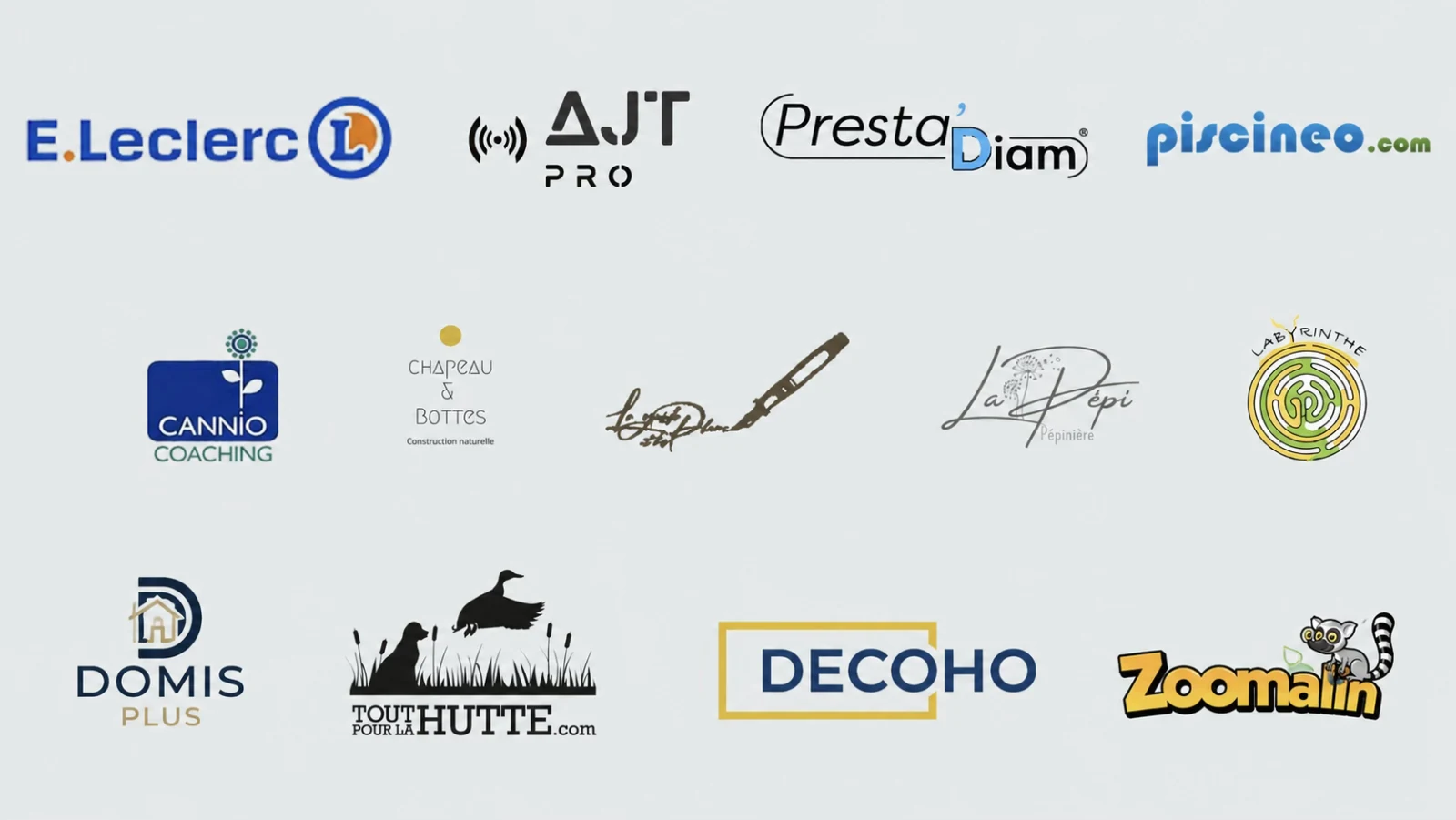 Logos de clients Inforeole, dont E.Leclerc, Piscineo, Decoho et Zoomalia