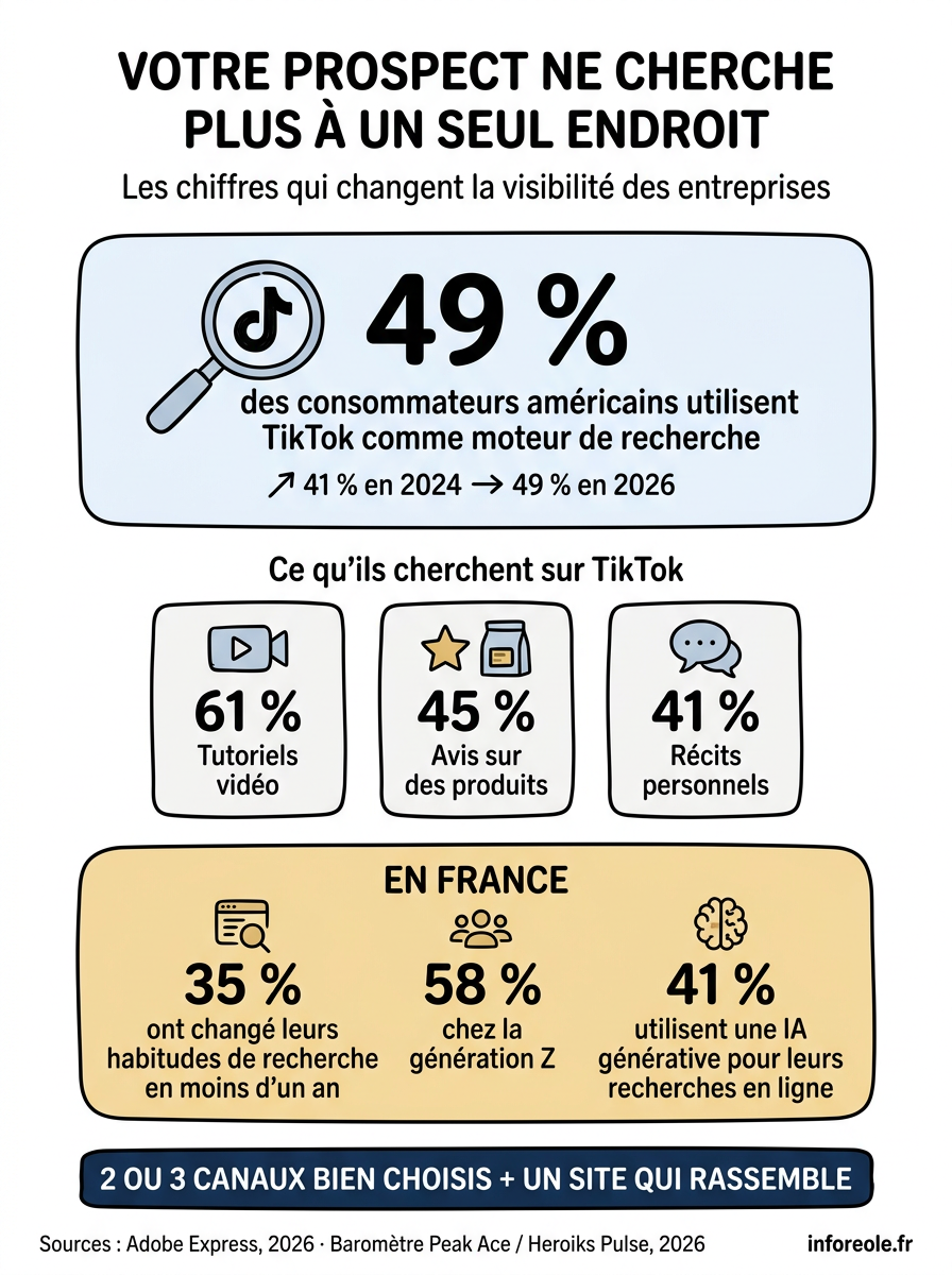 Infographie présentant les chiffres 2026 de la recherche sur TikTok et de l’évolution des habitudes de recherche en France
