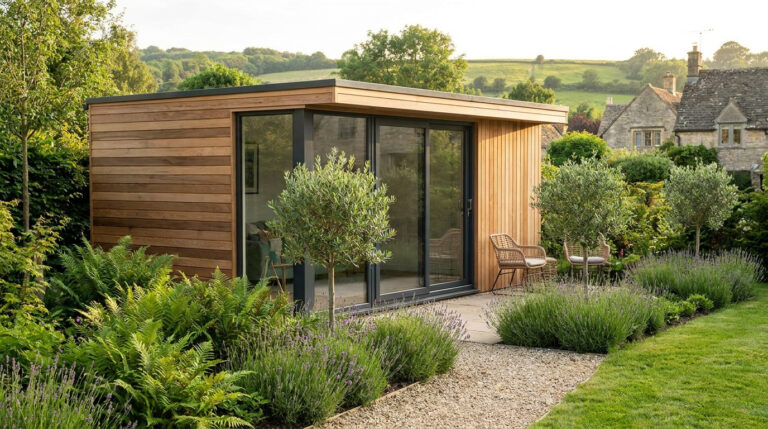 Studio de jardin moderne avec bardage en bois, baies vitrées et terrasse fleurie dans un jardin paysager.