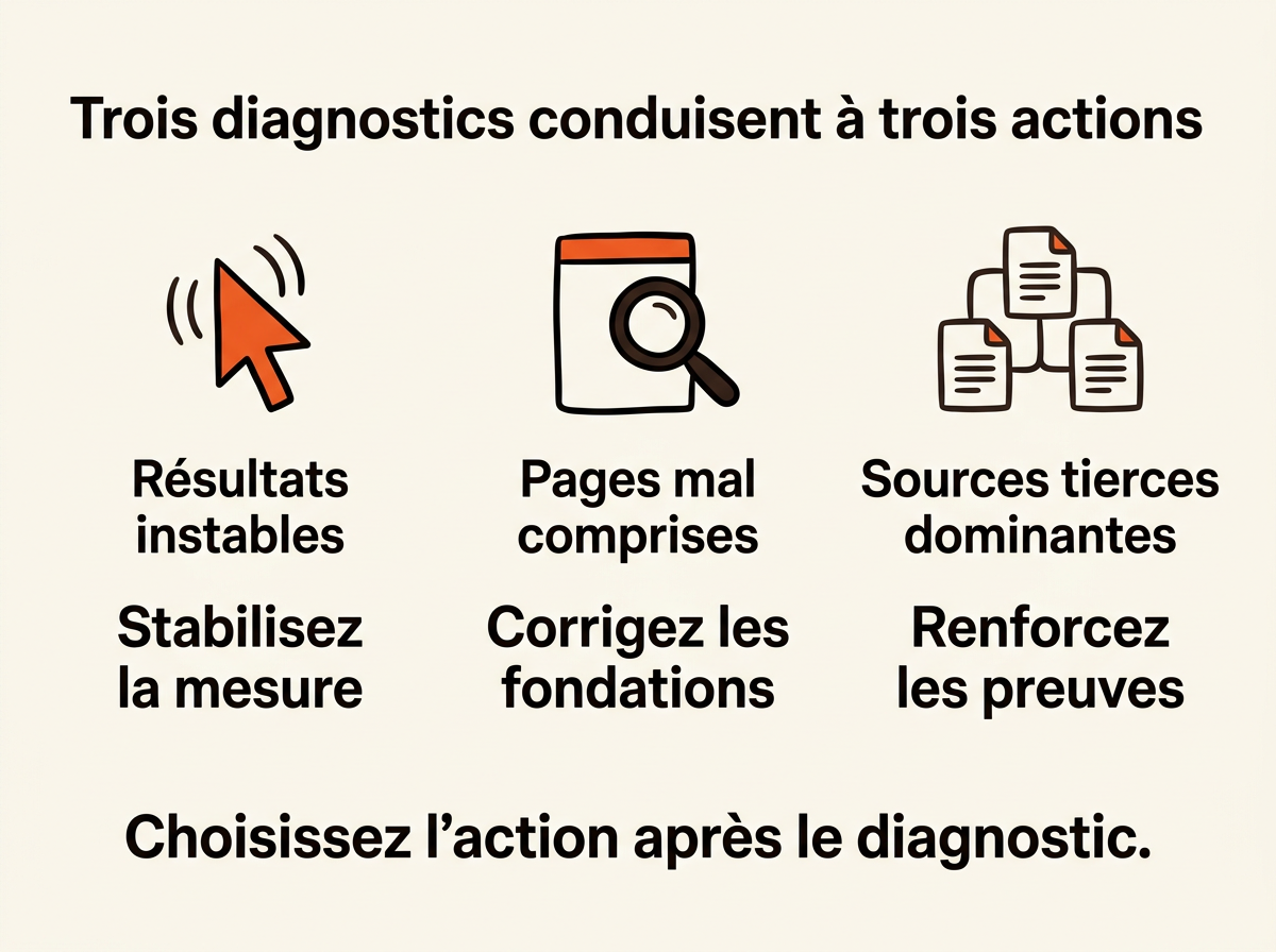 Trois diagnostics permettent de choisir une action technique, éditoriale ou externe.